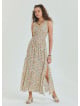 Double Breasted Collar Long Beige Dress with Slit from the Yoke 4561